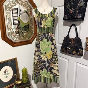 VTG Y2K Magic Green & Yellow Multicolor Floral Cotton Acrylic Beaded Midi Dress